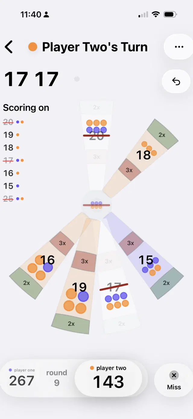 Cricket Scoreboard app showing a darts cricket game in progress.