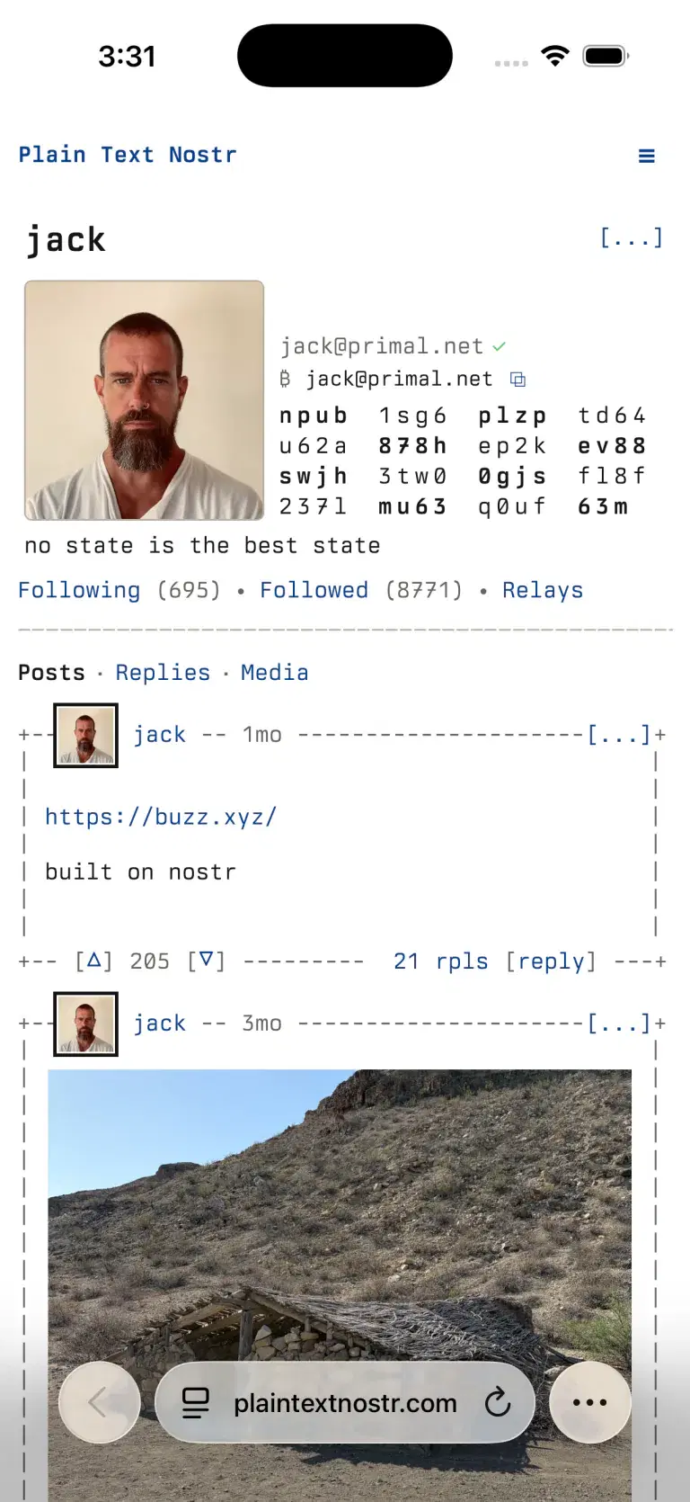 A Plain Text Nostr profile and feed on iPhone.