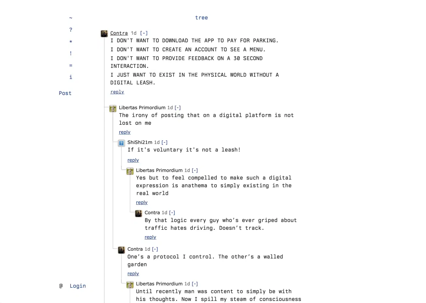 A longer Plain Text Nostr tree view showing nested replies and branching conversations.