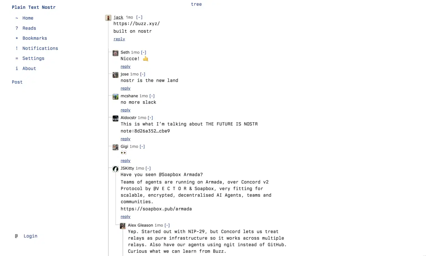 Plain Text Nostr's desktop tree view showing replies connected by a compact thread hierarchy.